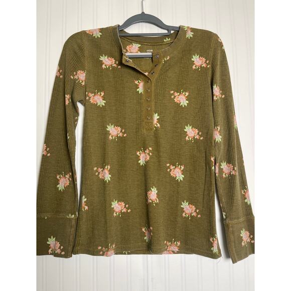Aerie Floral Babydoll Thermal Waffle Knit Henley T-Shirt Womens Olive Size M Y2K - Picture 1 of 8